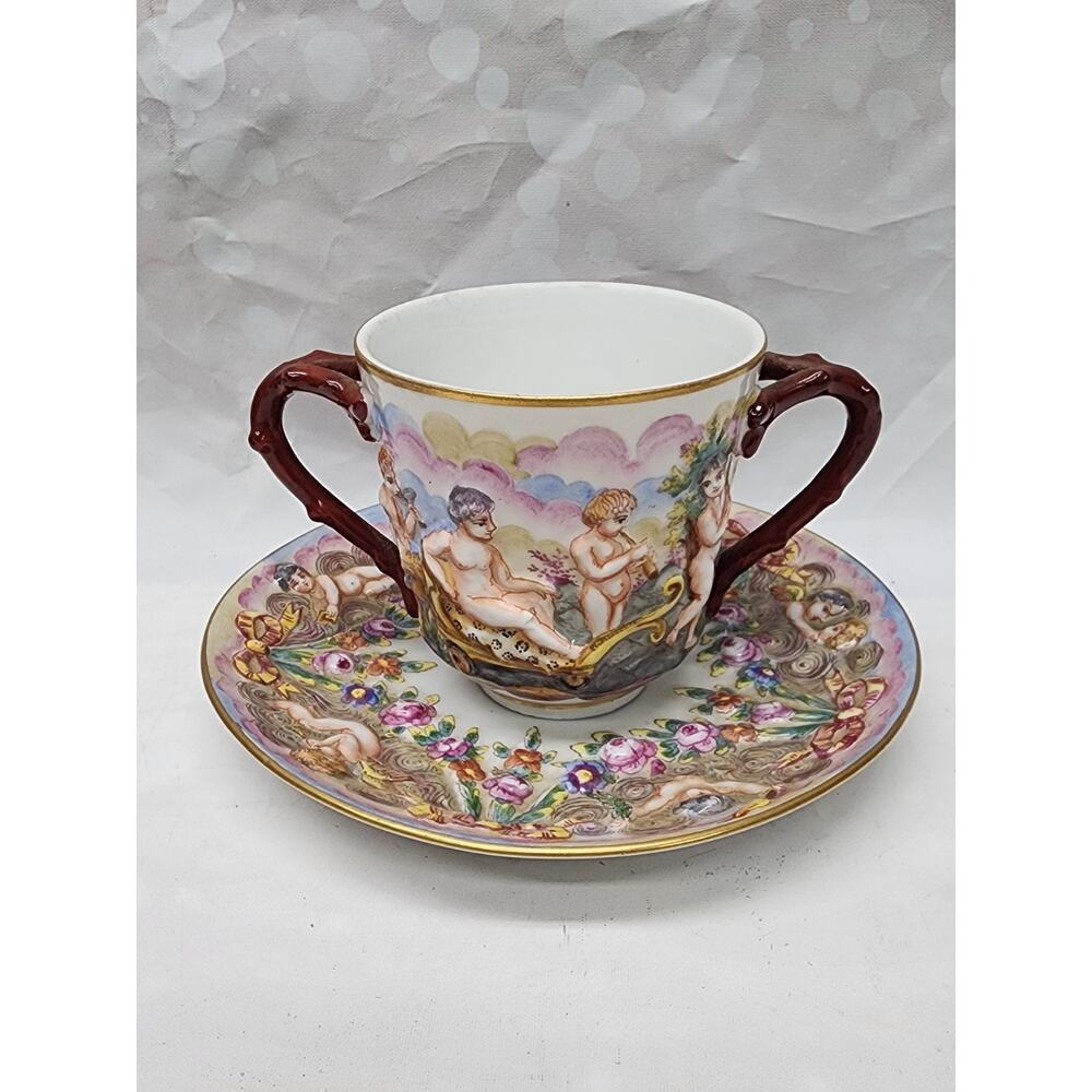 Antique 19th C. Capodimonte Porcelain 2 Handled Tea Cup & Saucer N Crown Italy